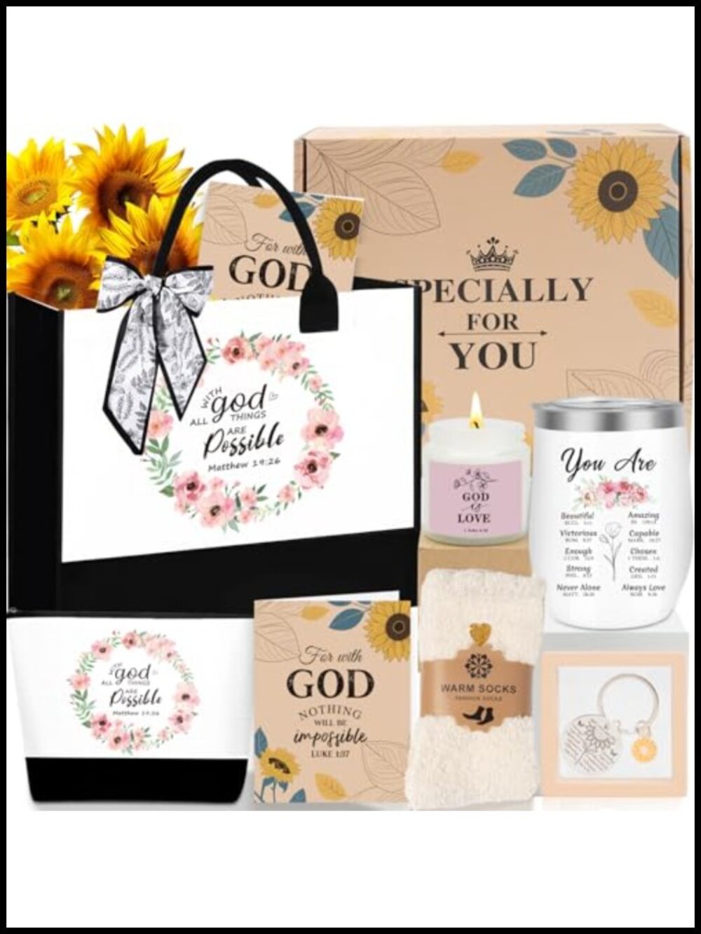Christian Gift Set for Women Canvas Tote Bag Cosmetic Bag Tumbler Socks Candle